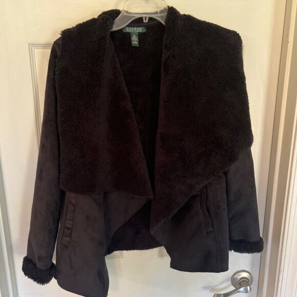 Lauren Ralph Lauren Faux Black Suede and Fleece Open Jacket Soft Cozy Classic Me - Picture 1 of 5